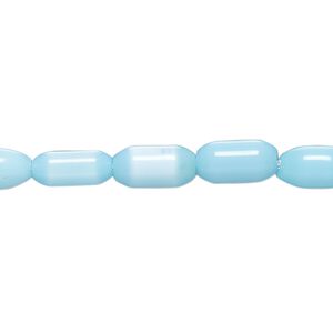 Bead, cat's eye glass (fiber optic glass), sky blue, 9x5mm-11x6mm barrel. Sold per 15-inch strand, approximately 35 beads.