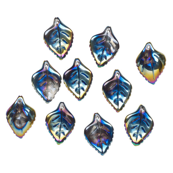 Drop, pressed glass, opaque iris multicolored, 23 x 16mm pressed leaf, top-drilled. top-drilled. Sold per pkg of 10. image number 0