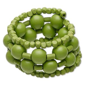 Bracelet, painted wood and steel memory wire, lime green, 34mm wide with round and cube, adjustable from 7-8 inches. Sold individually.