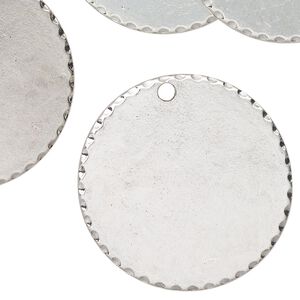 Drop, antique silver finish "pewter" (zinc-based alloy), 32mm scalloped round. Sold per pkg of 12.