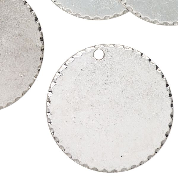 Drop, antique silver finish "pewter" (zinc-based alloy), 32mm scalloped round. Sold per pkg of 12. image number 0
