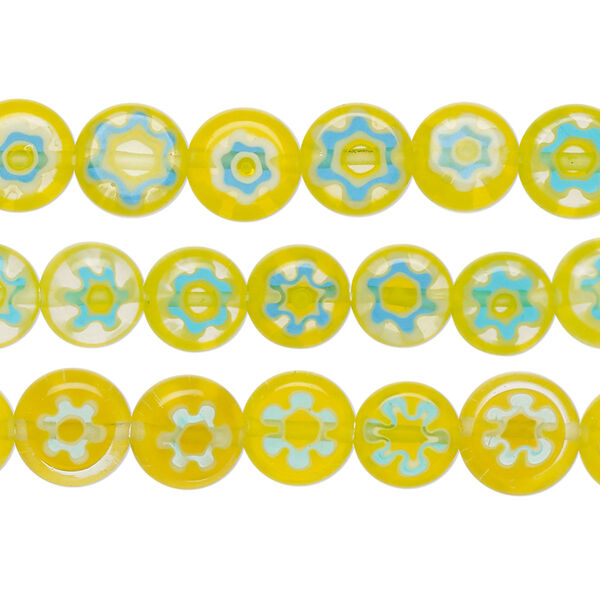 Bead mix, millefiori glass, yellow, blue, white and clear, 8-9mm puffed flat round with flower design. Sold per pkg of (3) 14-inch strands. image number 0