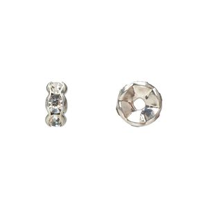 Bead, glass rhinestone and silver-plated brass, clear, 8x4mm rondelle. Sold per pkg of 10.