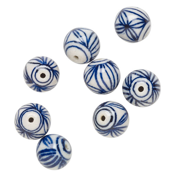 Bead, porcelain, blue and white, 14-15mm round with flower design. Sold per pkg of 8. image number 0