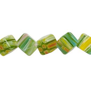 Bead, millefiori glass, light green, 10-12mm diagonally drilled cube with flower and stripe design. Sold per 14-inch strand.