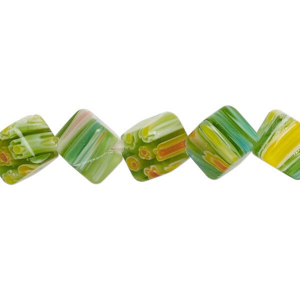 Bead, millefiori glass, light green, 10-12mm diagonally drilled cube with flower and stripe design. Sold per 14-inch strand. image number 0