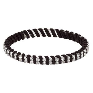 Bracelet, bangle, glass rhinestone / leatherette / silver-plated steel, black and clear, 7mm wide with cupchain, 8 inches. Sold individually.