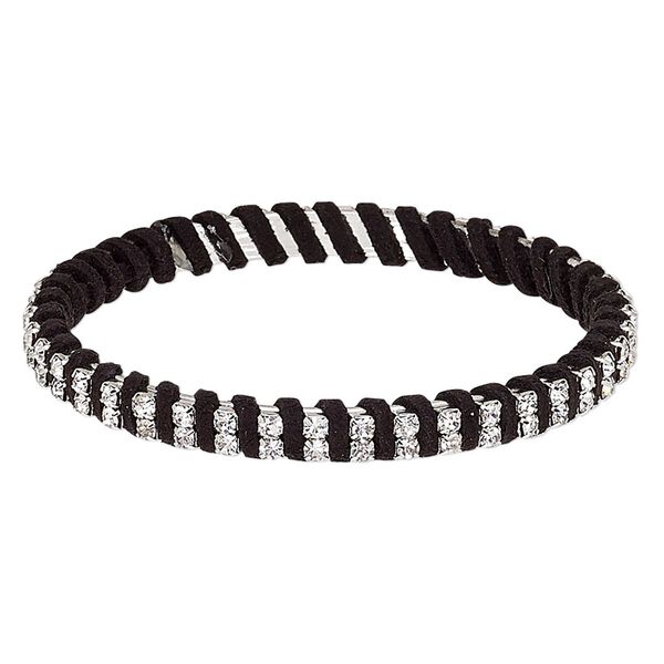 Bracelet, bangle, glass rhinestone / leatherette / silver-plated steel, black and clear, 7mm wide with cupchain, 8 inches. Sold individually. image number 0