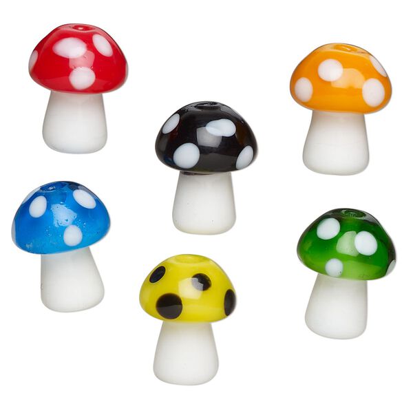 Bead assortment, lampworked glass, opaque mixed colors, 13.5x11mm mushroom. Sold per pkg of 6. image number 0