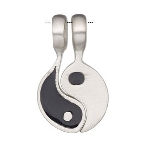 Pendant, Powerful Pewter Pendants, enamel and antiqued pewter (tin-based alloy), black, 36x21mm single-sided Yin-Yang with 6mm hole. Sold per 2-piece set.