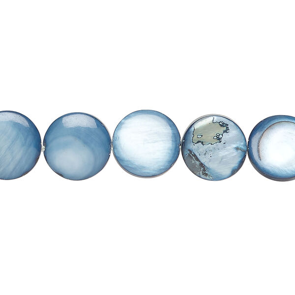 Mother-of-pearl shell 1pkg1, puffed flat round bead 15 inch blue spruce 9-11mm image number 0