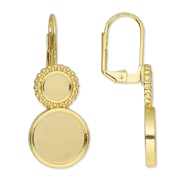 Ear wire, Almost Instant Jewelry®, gold-finished brass, 37mm leverback with 6mm and 12mm round setting, Sold per pkg of 5 pairs. image number 0