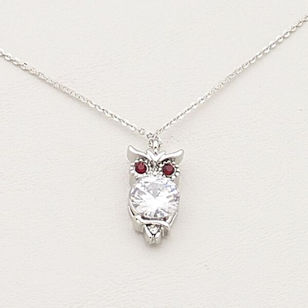 Necklace, Czech glass / Czech glass rhinestone / imitation rhodium-plated steel / brass / "pewter" (zinc-based alloy), clear and dark garnet red, 20x12mm owl, 17 inches with 2-inch extender chain and lobster claw clasp. Sold individually. image number 0