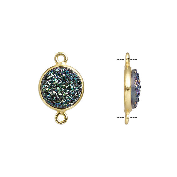 Link, titanium- / electro-coated druzy agate (coated) / gold-finished sterling silver, green, 11mm hand-cut single-sided flat round. Sold individually. image number 0