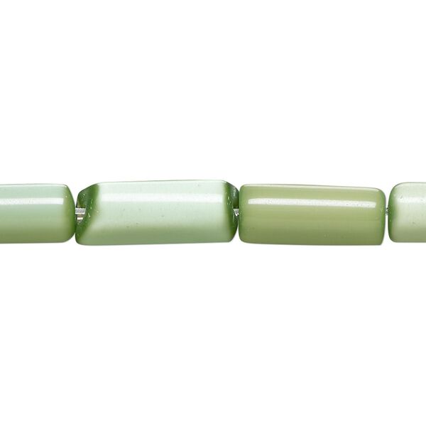 Bead, cat's eye glass (fiber optic glass), green, 15x4mm-17x6mm round tube. Sold per 14-inch strand, approximately 25 beads. image number 0