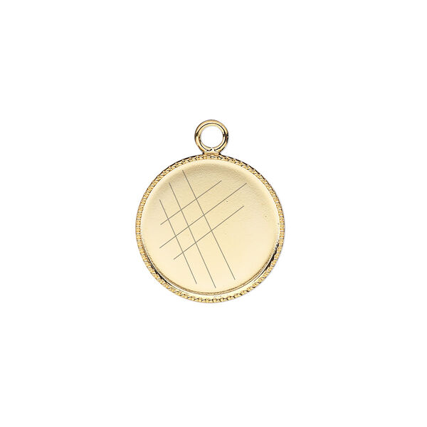 Drop, gold-plated brass, 15mm round with beaded edge and 14mm round bezel setting. Sold per pkg of 6. image number 0