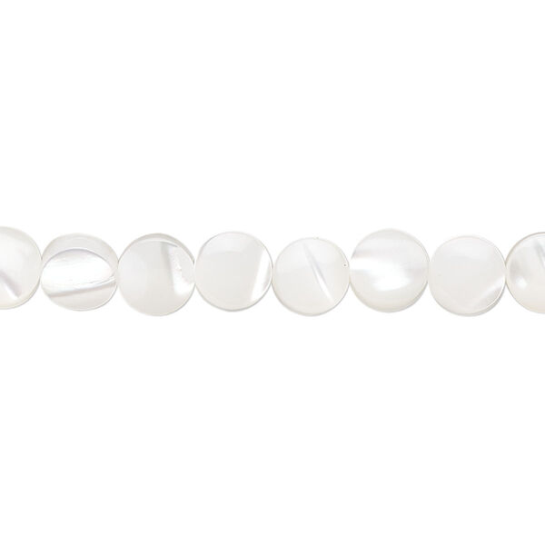 Bead, mother-of-pearl shell (bleached), white, 6mm flat round, Mohs hardness 3-1/2. Sold per 15-1/2" to 16" strand. image number 0