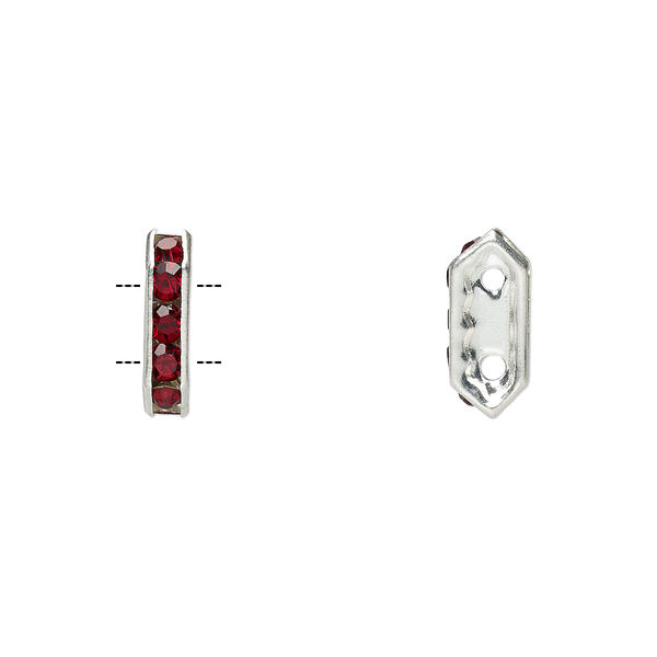 Spacer, glass rhinestone and silver-plated brass, garnet color, 11x2.5mm 2-strand bridge, fits up to 4.5mm bead. Sold per pkg of 10. image number 0