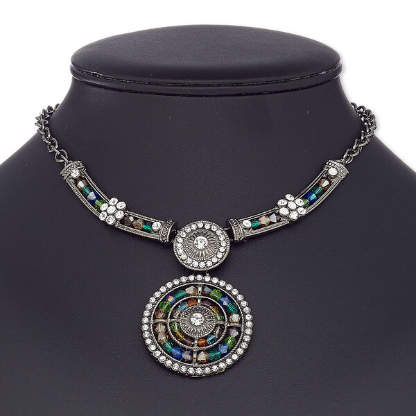 Necklace, glass rhinestone / glass / gunmetal-coated plastic / gunmetal-plated steel / "pewter" (zinc-based alloy), multicolored, 44mm round, 16 inches with 2-inch extender chain and lobster claw clasp. Sold individually. image number 0