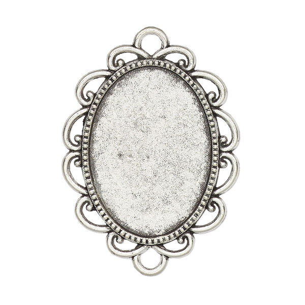 Link, glue-in, antique silver-finished "pewter" (zinc-based alloy), 30.5x26mm single-sided fancy oval with 25x18mm oval setting. Sold per pkg of 2. image number 0