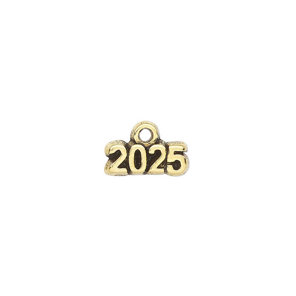 Charm, antique gold-plated pewter (tin-based alloy), 13x5mm "2025." Sold per pkg of 2. image number 0