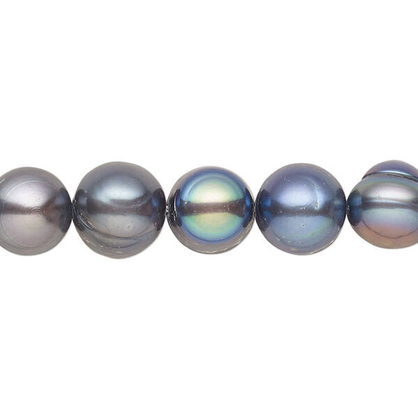 Pearl, cultured freshwater (dyed), silver peacock, 8-10mm semi-round with 0.4mm hole, C grade, Mohs hardness 2-1/2 to 4. Sold per 15-inch strand. image number 0