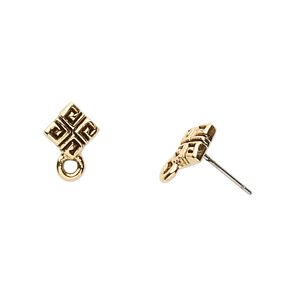 Earstud 1pkg2 gold-plated / pewter (tin-based alloy), 8mm diamond square pattern / closed loop, stainless steel / antiqued 1 pair