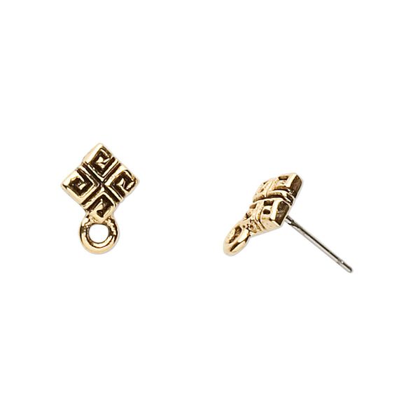 Earstud 1pkg2 gold-plated / pewter (tin-based alloy), 8mm diamond square pattern / closed loop, stainless steel / antiqued 1 pair image number 0
