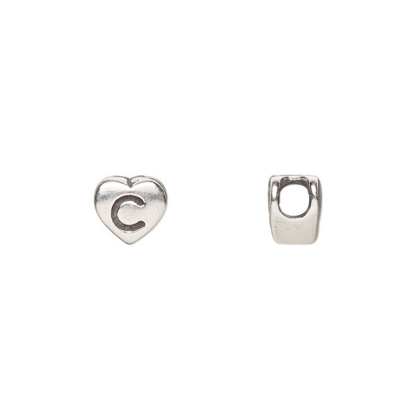 Bead, sterling silver, 7.5x7mm heart with alphabet letter "C." Sold individually. image number 0