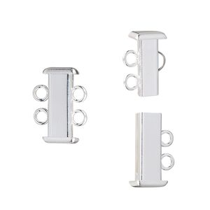 Clasp slide lock 1pkg4 silver-plated, 16x7mm rectangle tube, brass 2-strand