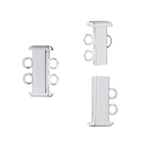 Clasp slide lock 1pkg4 silver-plated, 16x7mm rectangle tube, brass 2-strand image number 0