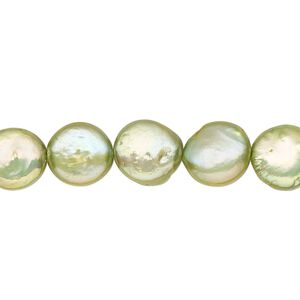 Pearl, cultured freshwater (dyed), green, 10-12mm flat round, C- grade, Mohs hardness 2-1/2 to 4. Sold per 8-inch strand, approximately 15 beads.