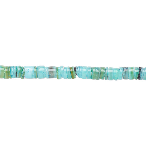 Bead, cabibe shell (dyed), turquoise blue, 3x1mm-4x3mm hand-cut heishi, Mohs hardness 3-1/2. Sold per 15-1/2" to 16" strand. image number 0