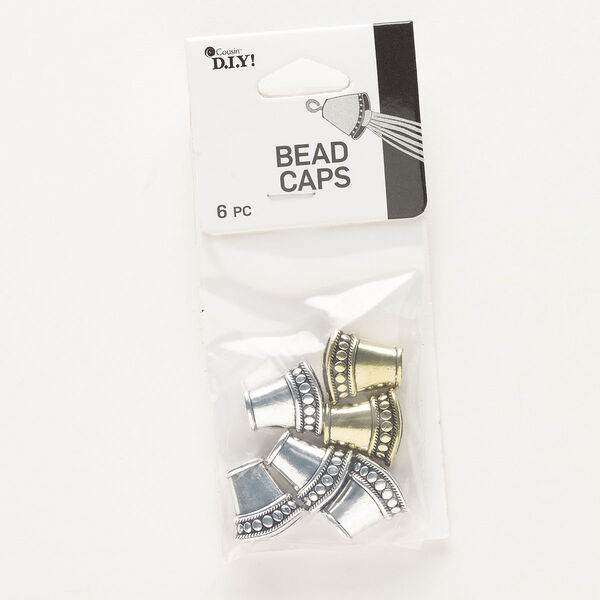 Cord end assortment, antique silver- and antique gold-finished "pewter" (zinc-based alloy), 16x15mm glue-in flat cone, 12.5x6mm inside diameter. Sold per pkg of 6. image number 0
