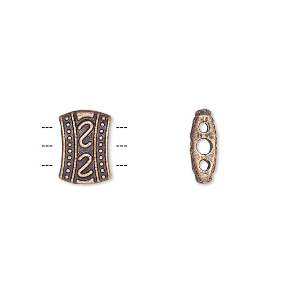 Spacer bar, antique copper-plated "pewter" (zinc-based alloy), 11x8mm 3-strand double-sided fancy barrel with double "S" design. Sold per pkg of 20. image number 0
