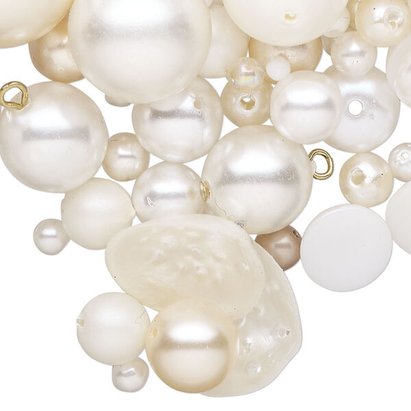 Drop mix, antique brass finish acrylic, clear/white/ivory, 3-22x20mm non-calibrated mixed shapes. Sold per 8-ounce pkg, approximately 2535 components. image number 0