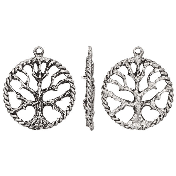 Charm, antiqued pewter (tin-based alloy), 22mm tree of life. Sold individually. image number 0