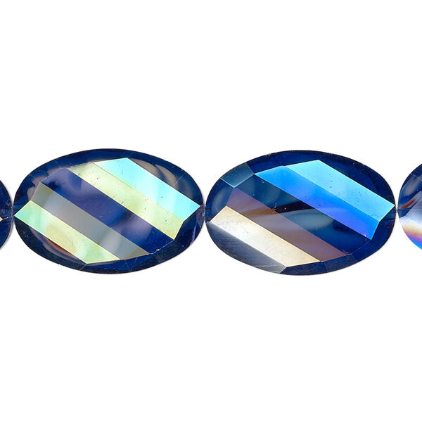 Bead, millefiori glass, marbled blue AB, 20x13mm faceted wavy oval. Sold per 8-inch strand, approximately 10 beads. image number 0