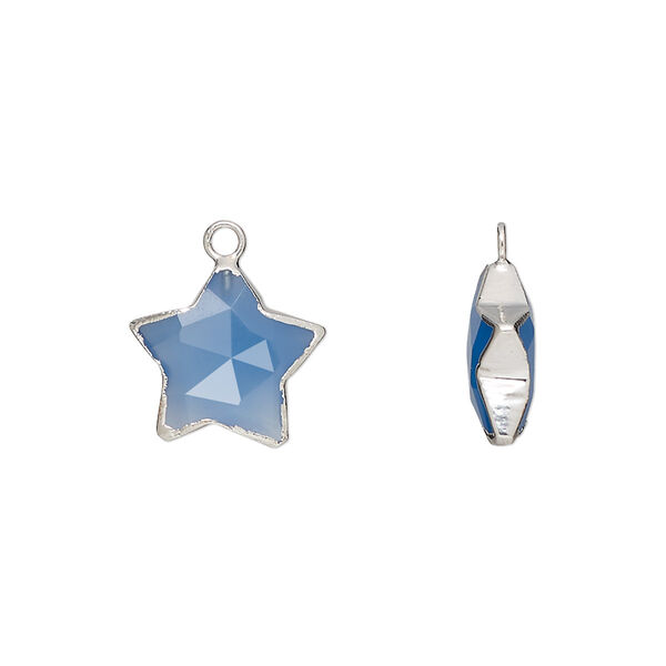 Drop, silver-plated blue chalcedony (dyed) and electroplated sterling silver, 12-13mm hand-cut double-sided faceted star, Mohs hardness 6-1/2 to 7. Sold individually. image number 0