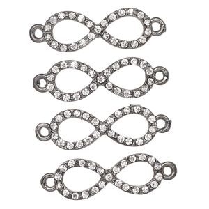Link, gunmetal-finished "pewter" (zinc-based alloy) and glass, clear, 26x10mm infinity. Sold per pkg of 4.