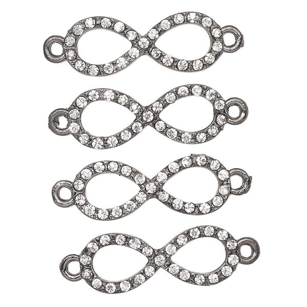 Link, gunmetal-finished "pewter" (zinc-based alloy) and glass, clear, 26x10mm infinity. Sold per pkg of 4. image number 0