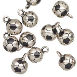 Charm, antique silver-finished "pewter" (zinc-based alloy) and enamel, black, 9-10mm soccer ball. Sold per pkg of 12.