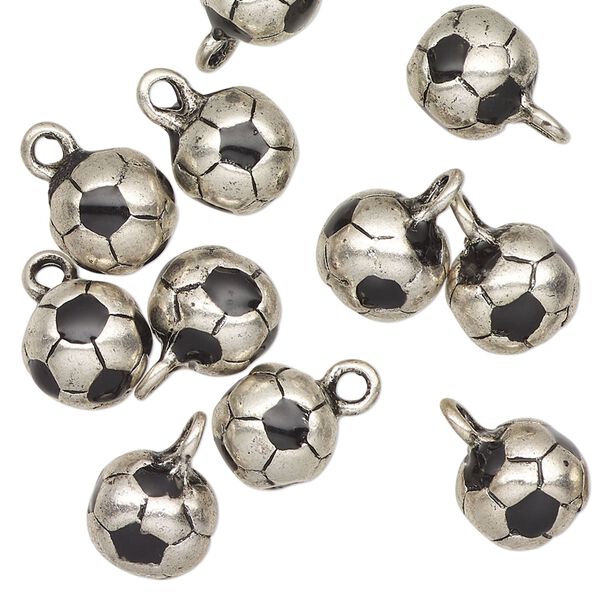 Charm, antique silver-finished "pewter" (zinc-based alloy) and enamel, black, 9-10mm soccer ball. Sold per pkg of 12. image number 0