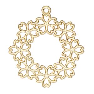 Component, resin frame, gold-finished "pewter" (zinc-based alloy), 35mm open round flower. Sold per pkg of 2.