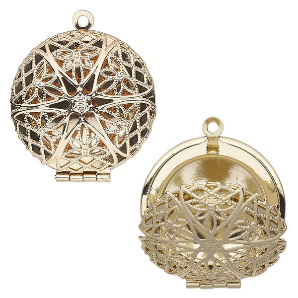 Drop, gold-finished brass, 28mm single-sided hinged round bead cage with cutout flower. Sold individually. image number 0