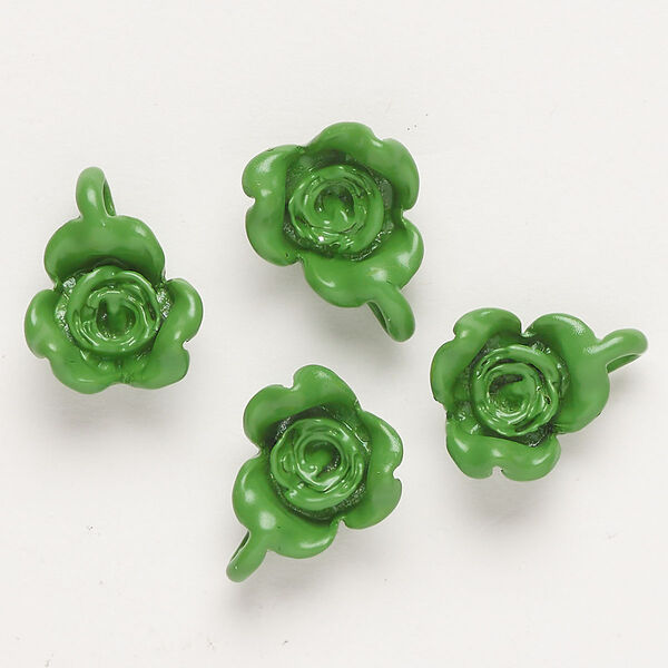 Charm, "pewter" (zinc-based alloy) and enamel, green, 17x13mm flower. Sold per pkg of 4. image number 0