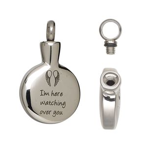 Pendant, stainless steel and silicone, black, 31x18mm puffed flat round with watertight chamber and wings with "I'm here watching over you." Sold individually.