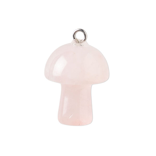 Drop, rose quartz (natural) and imitation rhodium-plated brass, 20x15mm hand-carved 3D mushroom. Sold individually. image number 0