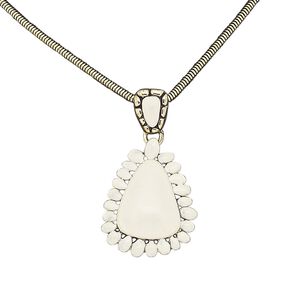 Necklace, enamel / antique gold-finished brass / steel / "pewter" (zinc-based alloy), white, 37x27mm teardrop, 16 inches with 2-inch extender chain and lobster claw clasp. Sold individually.