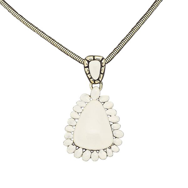 Necklace, enamel / antique gold-finished brass / steel / "pewter" (zinc-based alloy), white, 37x27mm teardrop, 16 inches with 2-inch extender chain and lobster claw clasp. Sold individually. image number 0